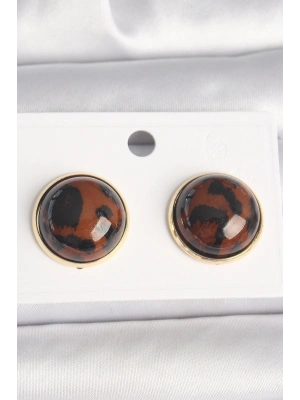 ® Pirinç Gold Renk 3D Daire Leopar Model Kadın Küpe