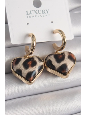 ® Pirinç Gold Renk 3D Kalp Leopar Model Kadın Küpe