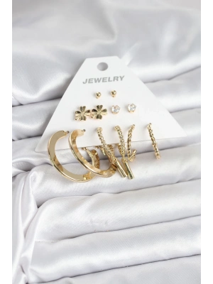® Pirinç Gold Renk 6 Çift Kadın Küpe Seti