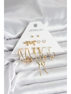 ® Pirinç Gold Renk 6 Çiftli Kadın Küpe Seti