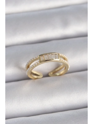 ® Pirinç Gold Renk Ayarlanabilir Sıralı İncili Zirkon Taş Detaylı Kadın Yüzük