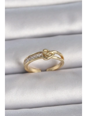 ® Pirinç Gold Renk Ayarlanabilir Zirkon Taşlı Düğüm Kalp Model Kadın Yüzük