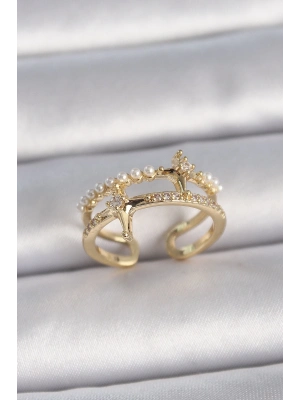 ® Pirinç Gold Renk Ayarlanabilir Zirkon Taşlı İncili Yıldız Model Kadın Yüzük
