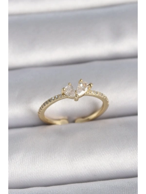 ® Pirinç Gold Renk Ayarlanabilir Zirkon Taşlı Kalp Model Kadın Yüzük