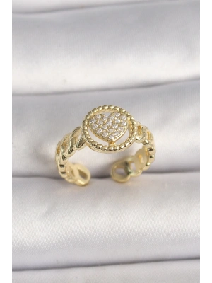 ® Pirinç Gold Renk Ayarlanabilir Zirkon Taşlı Kalp Model Kadın Yüzük