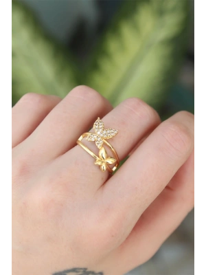 ® Pirinç Gold Renk Ayarlanabilir Zirkon Taşlı Kelebek Yüzük