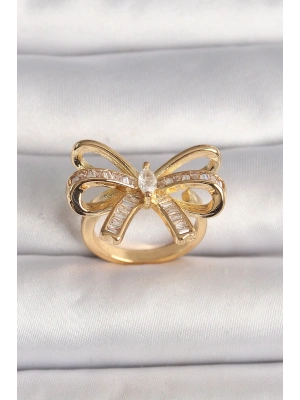 ® Pirinç Gold Renk Ayarlanabilir Zirkon Taşlı Kurdele Model Kadın Yüzük