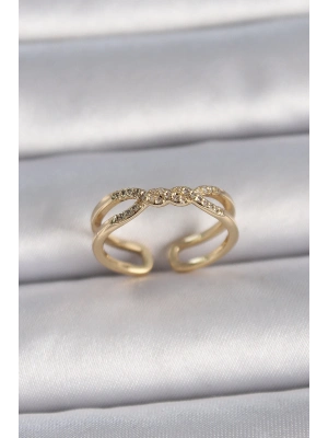 ® Pirinç Gold Renk Ayarlanabilir Zirkon Taşlı Sarmal Model Kadın Yüzük