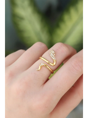 ® Pirinç Gold Renk Ayarlanabilir Zirkon Taşlı Yılan Yüzük