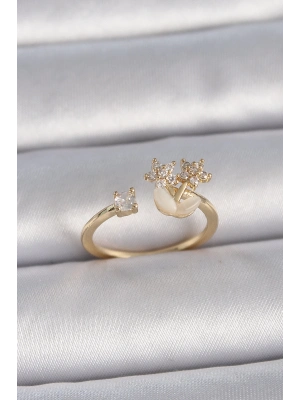 ® Pirinç Gold Renk Ayarlanabilir Zirkon Taşlı Yıldız Model Kadın Yüzük