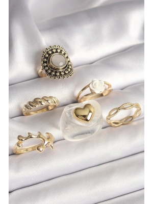 ® Pirinç Gold Renk Beyaz Gül Figür Kalp İşlemeli Sarmal Detay 6Lı Kadın Yüzük Seti