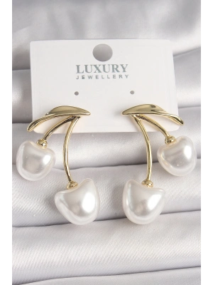 ® Pirinç Gold Renk Beyaz İnci Kiraz Model Kadın Küpe