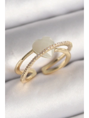 ® Pirinç Gold Renk Beyaz Kristal Kalp Model Zirkon Taş Detay Kadın Yüzük