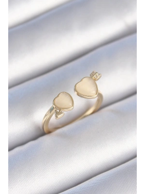 ® Pirinç Gold Renk Beyaz Mineli Kalp Model Kadın Yüzük