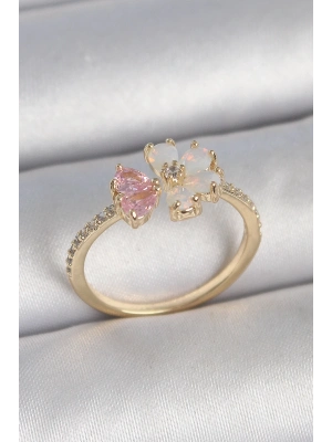 ® Pirinç Gold Renk Beyaz Mineli Pembe Zirkon Taşlı Çiçek Model Kadın Yüzük
