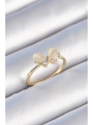 ® Pirinç Gold Renk Beyaz Mineli Zirkon Taşlı Kelebek Model Kadın Yüzük