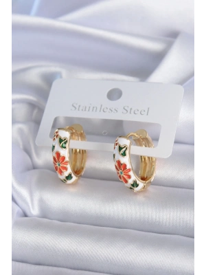 ® Pirinç Gold Renk Beyaz Renk Çiçek İşleme Detay Kadın Küpe