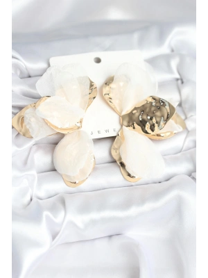 ® Pirinç Gold Renk Beyaz Tüllü Lotus Kadın Küpe