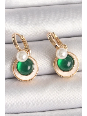 ® Pirinç Gold Renk Beyaz Yeşil Sallantı Mineli Kadın Küpe
