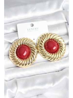 ® Pirinç Gold Renk Bordo Boncuklu Vintage Kadın Küpe