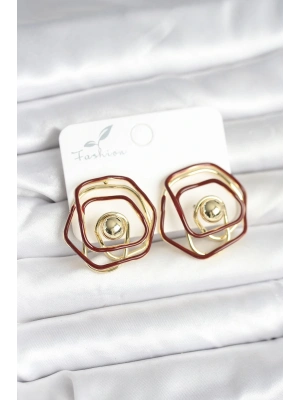 ® Pirinç Gold Renk Bordo Mineli Geometrik Gül Model Kadın Küpe