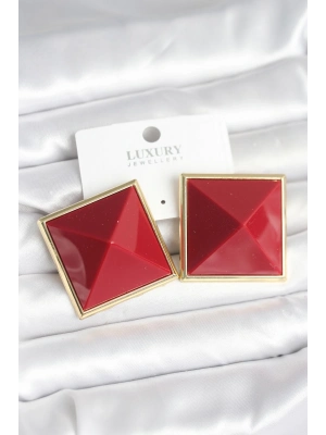 ® Pirinç Gold Renk Bordo Piramit Model Kadın Küpe