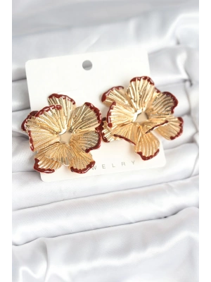 ® Pirinç Gold Renk Bordo Renk Detaylı Lotus Kadın Küpe