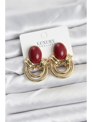 ® Pirinç Gold Renk Bordo Taşlı Vintage Kadın Küpe
