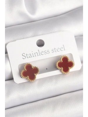 ® Pirinç Gold Renk Bordo Yonca Model Kadın Küpe