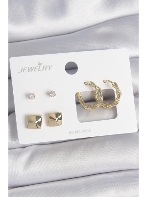 ® Pirinç Gold Renk Burgu Halka Model Zirkon Taşlı Kare Detay 3 Çift Kadın Küpe Seti