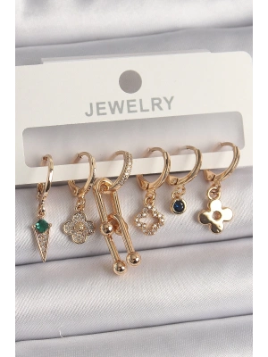 ® Pirinç Gold Renk Çoklu Figür Kadın Küpe Seti