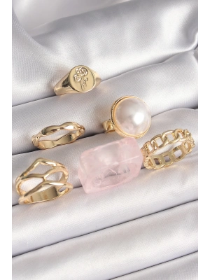 ® Pirinç Gold Renk Daire 3D İncili Figür Zincir Model Gül İşleme Detaylı 6Lı Kadın Yüzük Seti