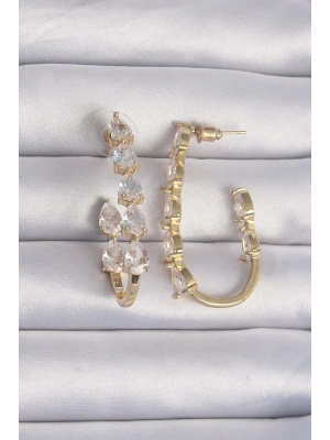 ® Pirinç Gold Renk Damla Zirkon Taş Tasarımlı Küpe