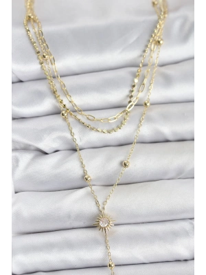 ® Pirinç Gold Renk Güneş Model Detaylı 3lü Kombin Y Kadın Kolye