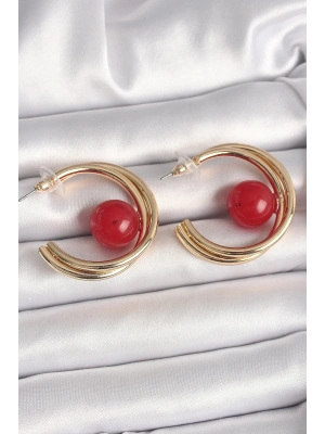 ® Pirinç Gold Renk Halka Model Kırmızı Boncuk Detay Kadın Küpe