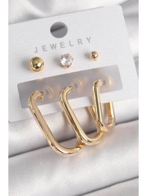 ® Pirinç Gold Renk Halka Model Zirkon Taş Topçuk Detay Kadın Küpe Seti