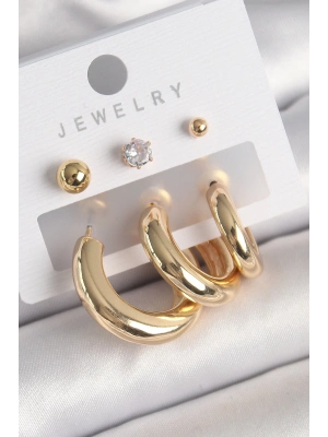 ® Pirinç Gold Renk Halka Model Zirkon Taşlı Topçuk Detay Kadın Küpe