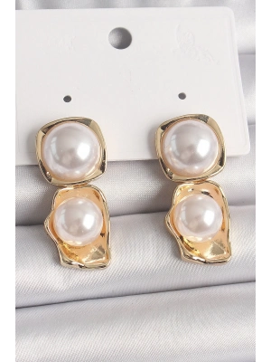 ® Pirinç Gold Renk İnci Kare Model Kadın Küpe