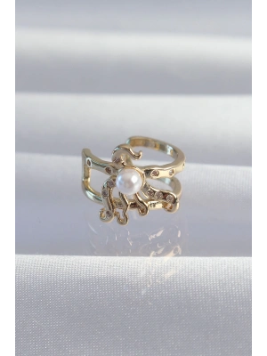 ® Pirinç Gold Renk İncili Ahtapot Earcuff Küpe