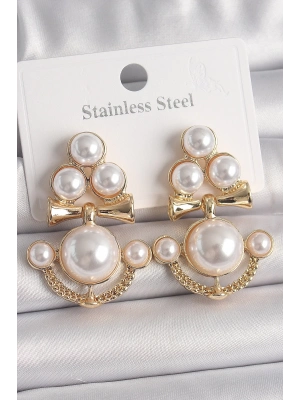 ® Pirinç Gold Renk İncili Çapa Model Kadın Küpe