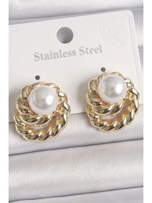 ® Pirinç Gold Renk İncili Sarmal Burgu Model Kadın Küpe