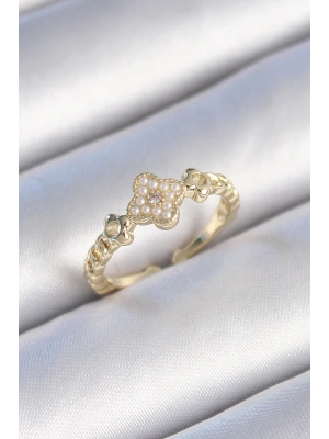 ® Pirinç Gold Renk İncili Yonca Model Zirkon Taş Detay Kadın Yüzük