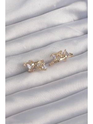 ® Pirinç Gold Renk İri Zirkon Taşlı Kıvrımlı Minimal Kelebekli Halka Küpe