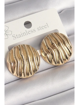 ® Pirinç Gold Renk İşlemeli Daire Plaka Model Kadın Küpe