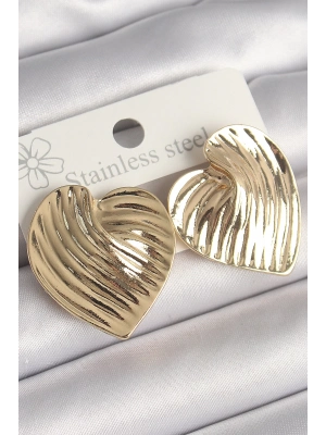 ® Pirinç Gold Renk İşlemeli Plaka Kalp Model Kadın Küpe