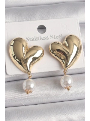 ® Pirinç Gold Renk Kalp Model Sallantı İnci Detay Kadın Küpe