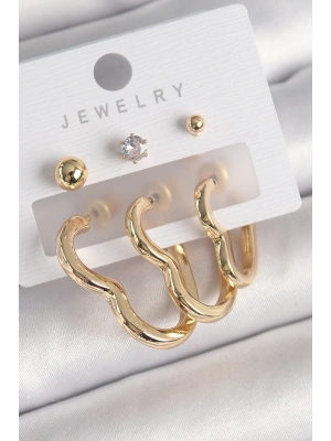 ® Pirinç Gold Renk Kalp Model Zirkon Taşlı Topçuk Detay Kadın Küpe Seti