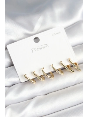 ® Pirinç Gold Renk Kalp Yıldız ve Halka Model 925 Ayar Gümüş Çivili Kadın Küpe Seti