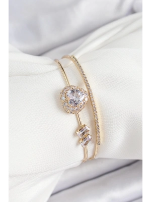 ® Pirinç Gold Renk Kalpli Zirkon Taşlı Kadın Bileklik