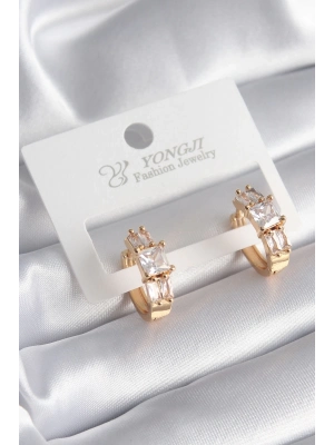® Pirinç Gold Renk Kare Zirkon Taşlı Kadın Küpe
